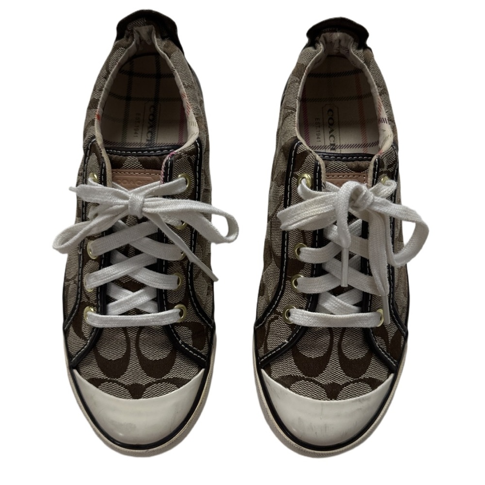 COACH women's brown + white monogram canvas/leather barrett sneakers, 7 1/2 B.